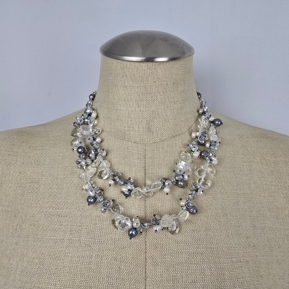 Multi-Strand Pearl & Quartz Statement Necklace 925 Clasp