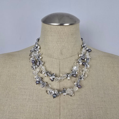 Multi-Strand Pearl & Quartz Statement Necklace 925 Clasp