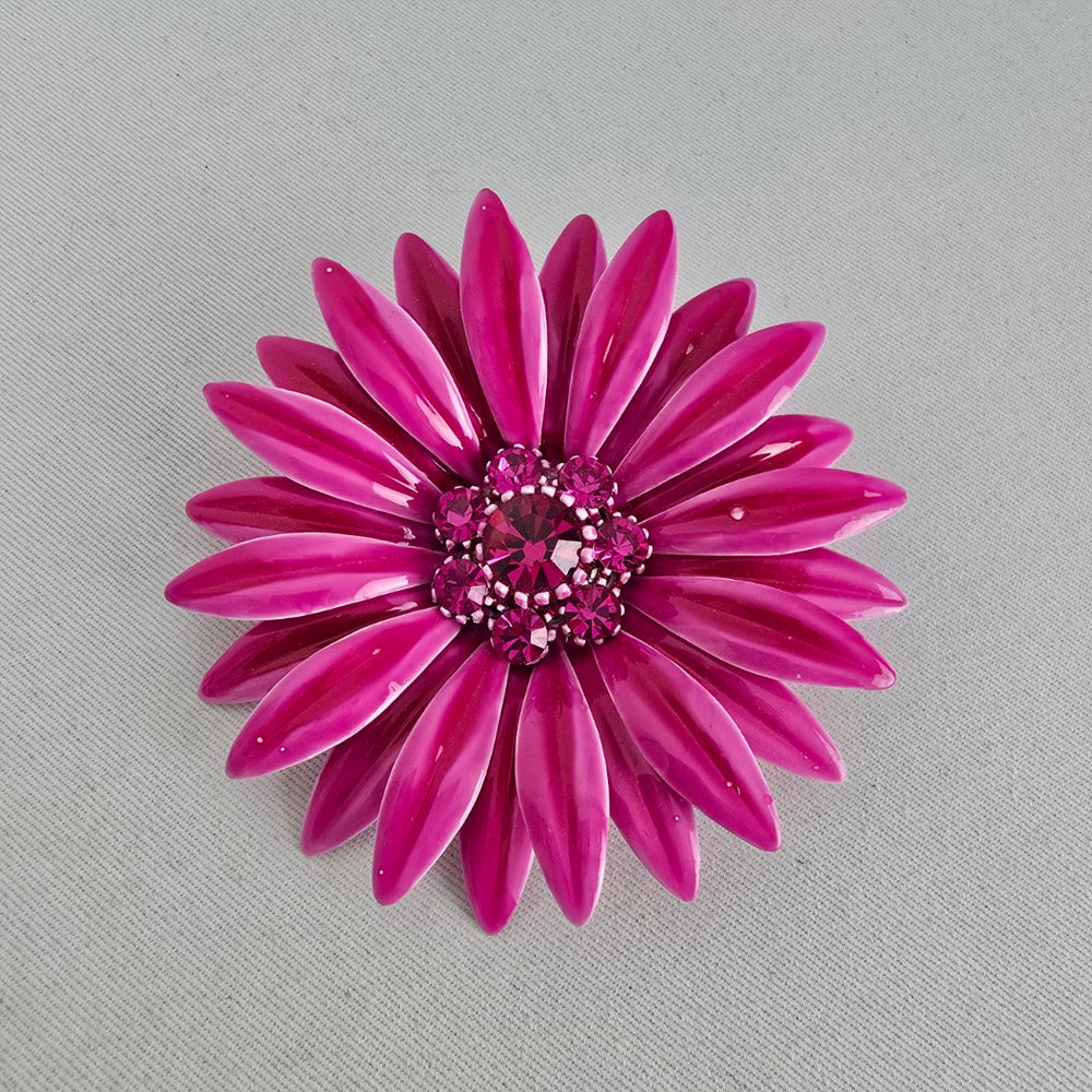 Vintage Pink Enamel Flower Rhinestone Brooch