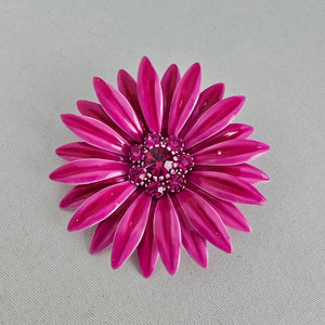 Vintage Pink Enamel Flower Rhinestone Brooch
