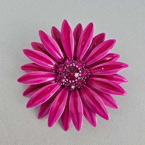 Vintage Pink Enamel Flower Rhinestone Brooch