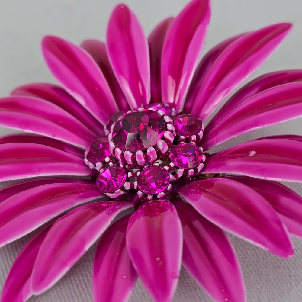 Vintage Pink Enamel Flower Rhinestone Brooch