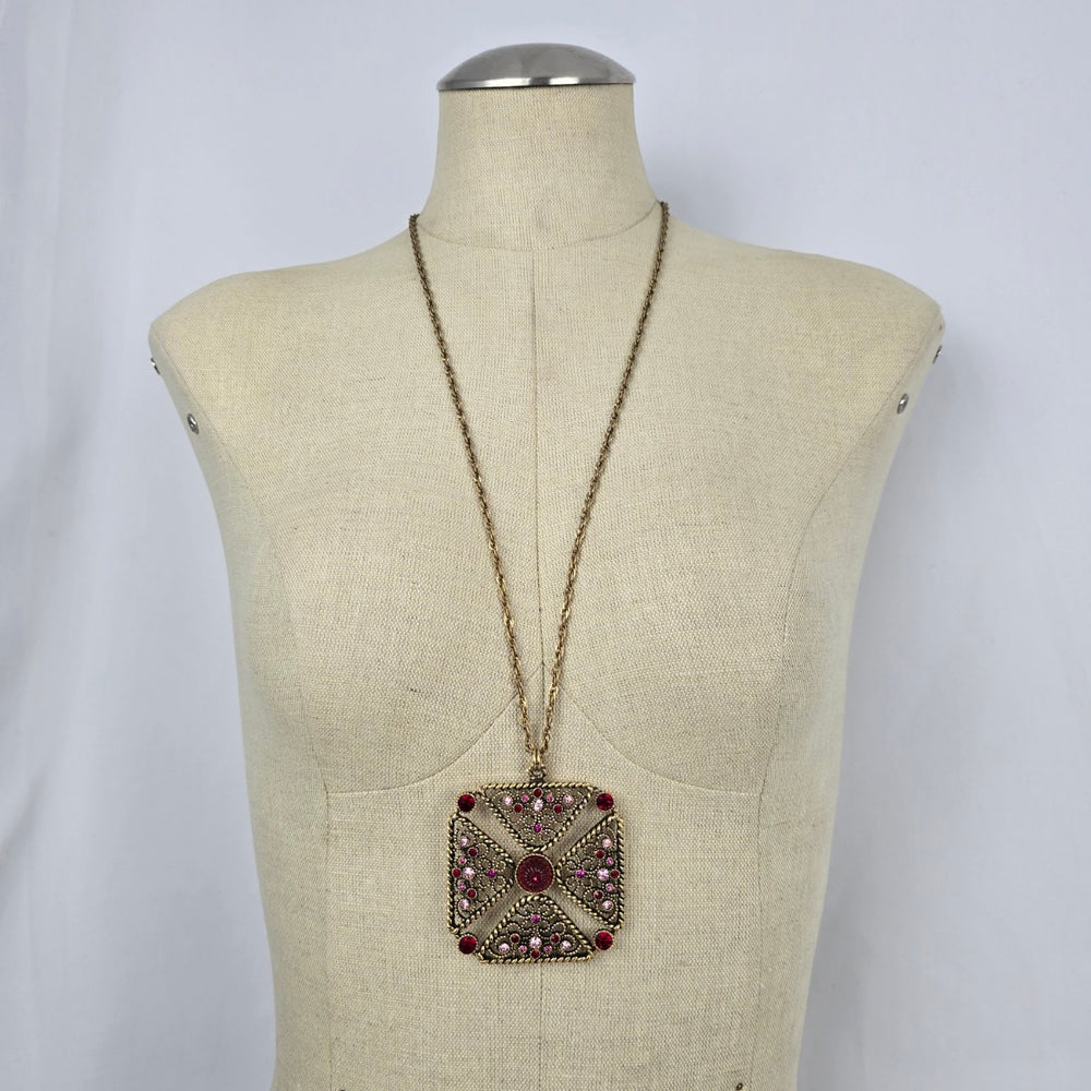 Vintage Joël Signed Filigree Cross Necklace & Earring Set Pink Rhinestone