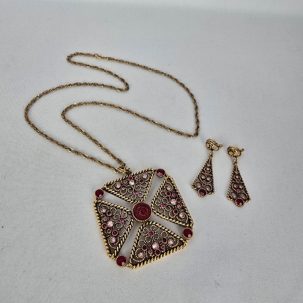 Vintage Joël Signed Filigree Cross Necklace & Earring Set Pink Rhinestone