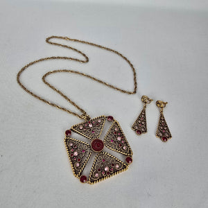 Vintage Joël Signed Filigree Cross Necklace & Earring Set Pink Rhinestone