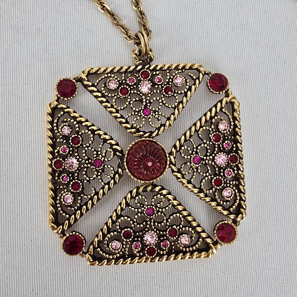 Vintage Joël Signed Filigree Cross Necklace & Earring Set Pink Rhinestone