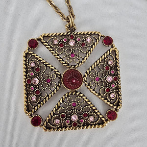Vintage Joël Signed Filigree Cross Necklace & Earring Set Pink Rhinestone