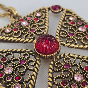 Vintage Joël Signed Filigree Cross Necklace & Earring Set Pink Rhinestone