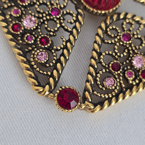 Vintage Joël Signed Filigree Cross Necklace & Earring Set Pink Rhinestone