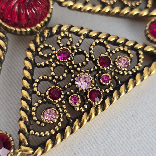 Vintage Joël Signed Filigree Cross Necklace & Earring Set Pink Rhinestone