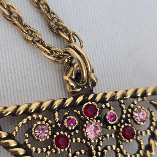 Vintage Joël Signed Filigree Cross Necklace & Earring Set Pink Rhinestone