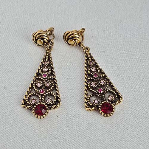 Vintage Joël Signed Filigree Cross Necklace & Earring Set Pink Rhinestone