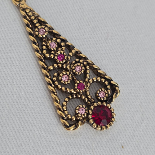 Vintage Joël Signed Filigree Cross Necklace & Earring Set Pink Rhinestone