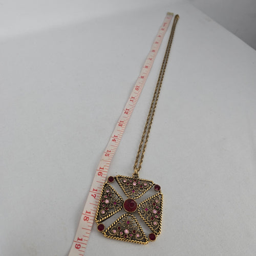 Vintage Joël Signed Filigree Cross Necklace & Earring Set Pink Rhinestone