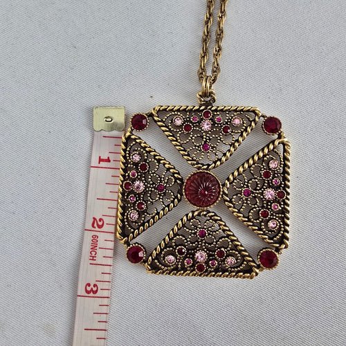 Vintage Joël Signed Filigree Cross Necklace & Earring Set Pink Rhinestone