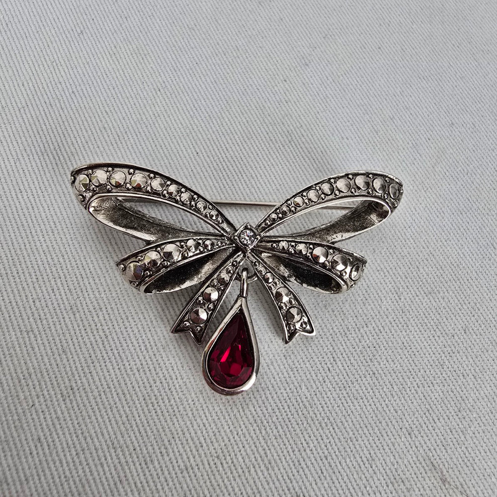 Vintage Signed Avon Bow Brooch Marcasite Rhinestone Red Teardrop Pin