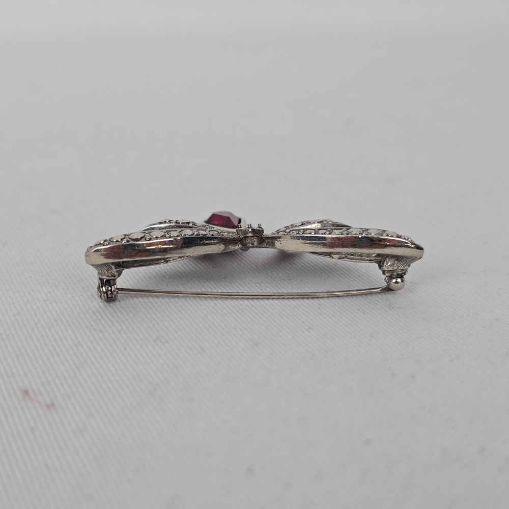 Vintage Signed Avon Bow Brooch Marcasite Rhinestone Red Teardrop Pin