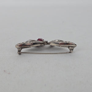 Vintage Signed Avon Bow Brooch Marcasite Rhinestone Red Teardrop Pin