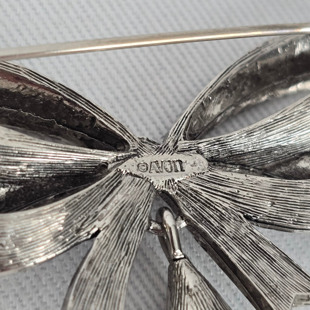 Vintage Signed Avon Bow Brooch Marcasite Rhinestone Red Teardrop Pin