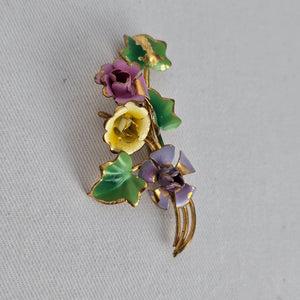 Vintage Austria Enamel Flower Bouquet Brooch Gold Tone Floral Pin