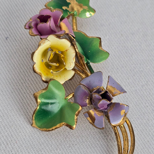 Vintage Austria Enamel Flower Bouquet Brooch Gold Tone Floral Pin