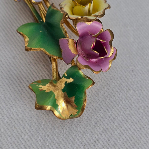 Vintage Austria Enamel Flower Bouquet Brooch Gold Tone Floral Pin