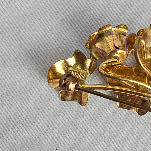 Vintage Austria Enamel Flower Bouquet Brooch Gold Tone Floral Pin
