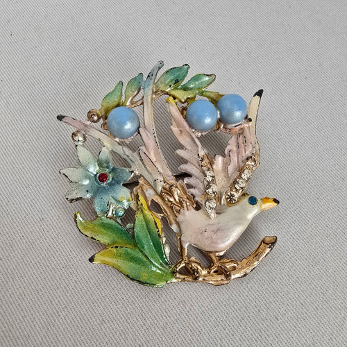 Vintage Figural Bird Brooch Enamel Rhinestone Faux Pearl Gold Tone Pin