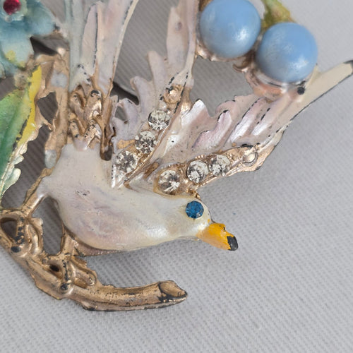 Vintage Figural Bird Brooch Enamel Rhinestone Faux Pearl Gold Tone Pin