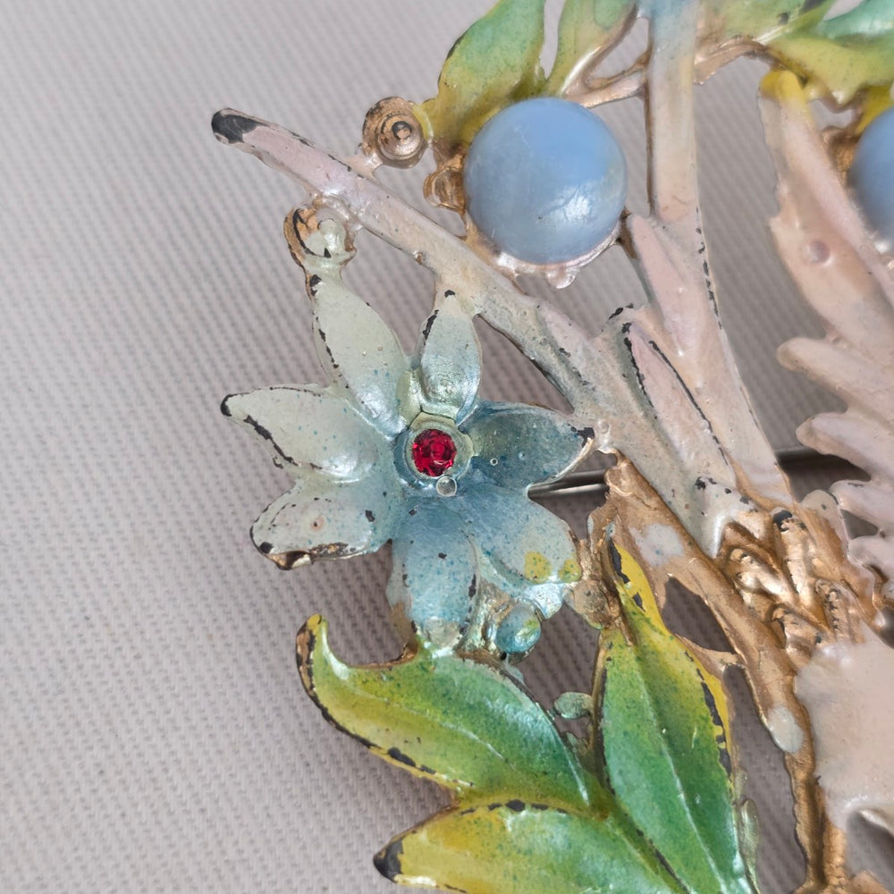 Vintage Figural Bird Brooch Enamel Rhinestone Faux Pearl Gold Tone Pin