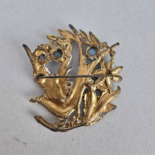Vintage Figural Bird Brooch Enamel Rhinestone Faux Pearl Gold Tone Pin