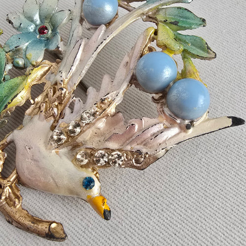 Vintage Figural Bird Brooch Enamel Rhinestone Faux Pearl Gold Tone Pin