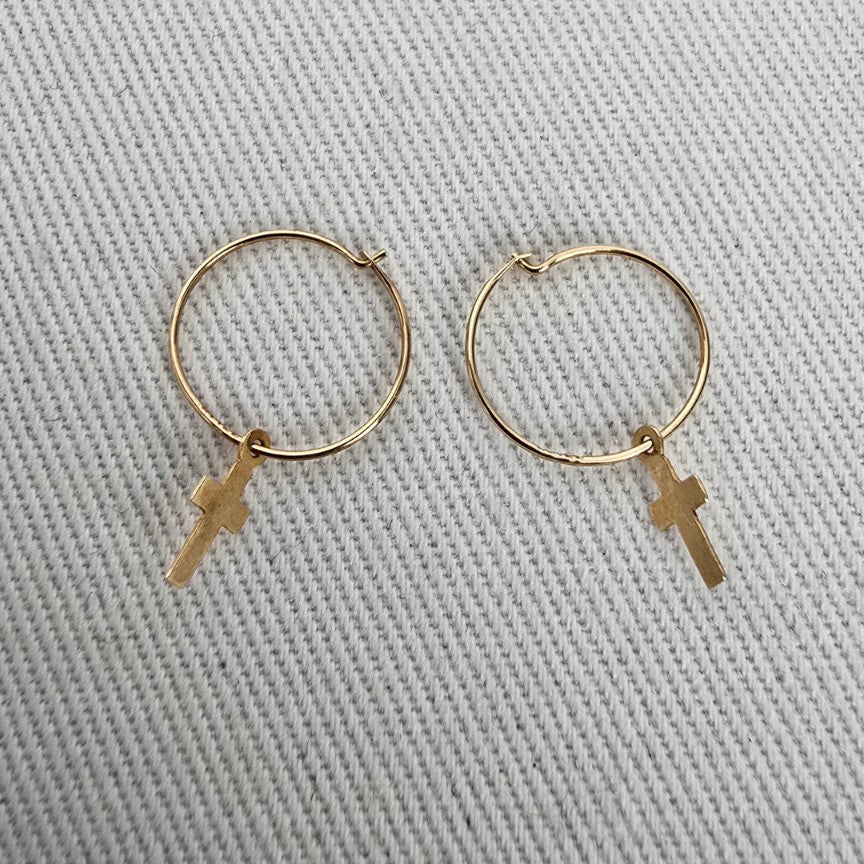 14K Gold Cross Charm Hoop Earrings Tiny Dainty Religious Endless Hoops