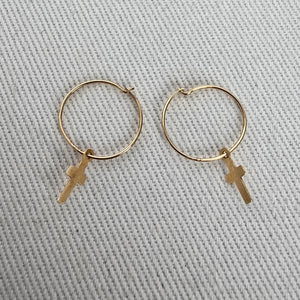 14K Gold Cross Charm Hoop Earrings Tiny Dainty Religious Endless Hoops