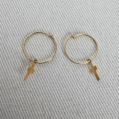 14K Gold Cross Charm Hoop Earrings Tiny Dainty Religious Endless Hoops