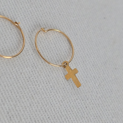 14K Gold Cross Charm Hoop Earrings Tiny Dainty Religious Endless Hoops
