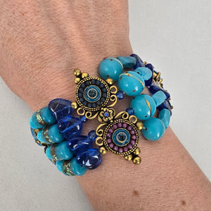 Boho Blue Beaded Stretch Bracelet Wide Statement Rhinestone Gold Tone