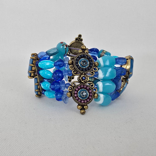 Boho Blue Beaded Stretch Bracelet Wide Statement Rhinestone Gold Tone