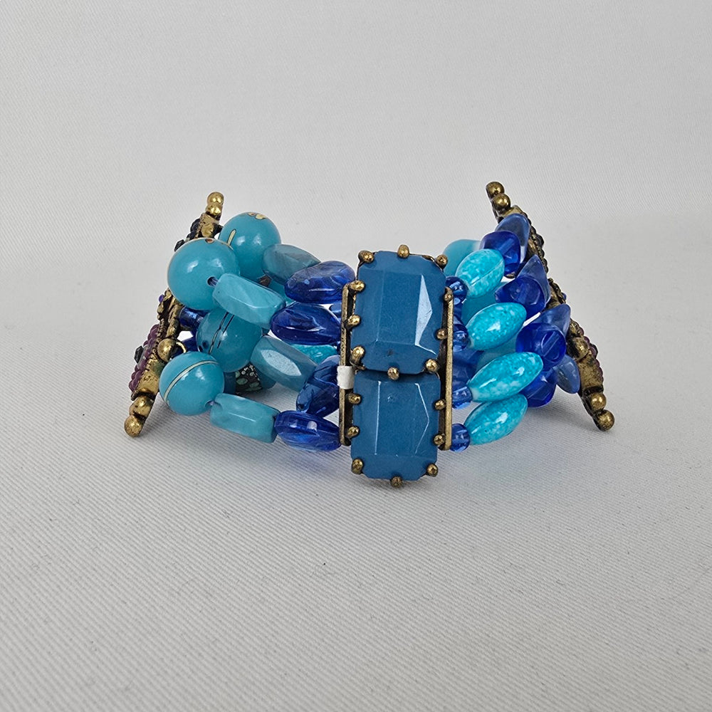 Boho Blue Beaded Stretch Bracelet Wide Statement Rhinestone Gold Tone