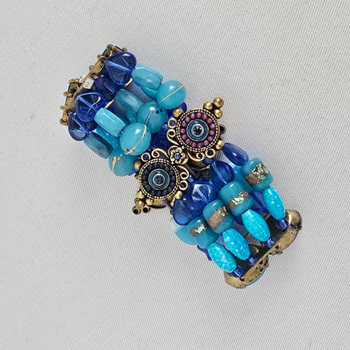 Boho Blue Beaded Stretch Bracelet Wide Statement Rhinestone Gold Tone