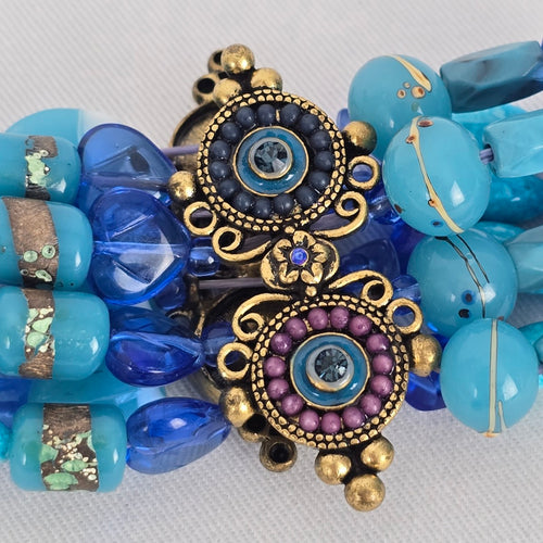 Boho Blue Beaded Stretch Bracelet Wide Statement Rhinestone Gold Tone