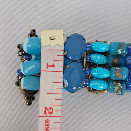 Boho Blue Beaded Stretch Bracelet Wide Statement Rhinestone Gold Tone