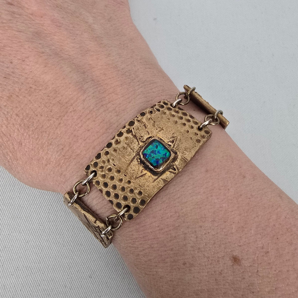Handmade Artisan Bronze Link Bracelet Faux Opal Cabochon Toggle Clasp