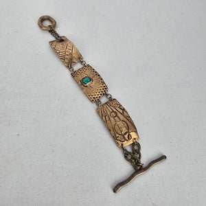 Handmade Artisan Bronze Link Bracelet Faux Opal Cabochon Toggle Clasp