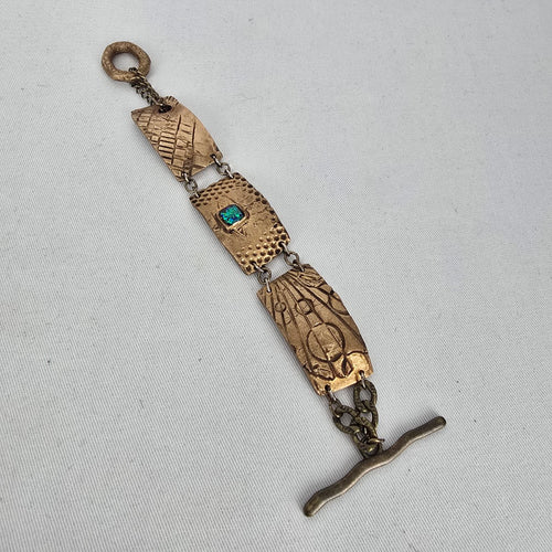 Handmade Artisan Bronze Link Bracelet Faux Opal Cabochon Toggle Clasp