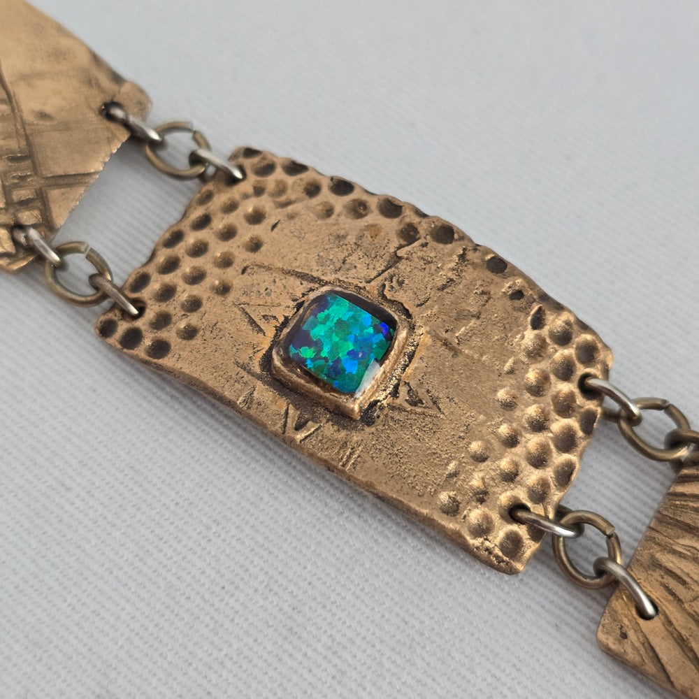 Handmade Artisan Bronze Link Bracelet Faux Opal Cabochon Toggle Clasp