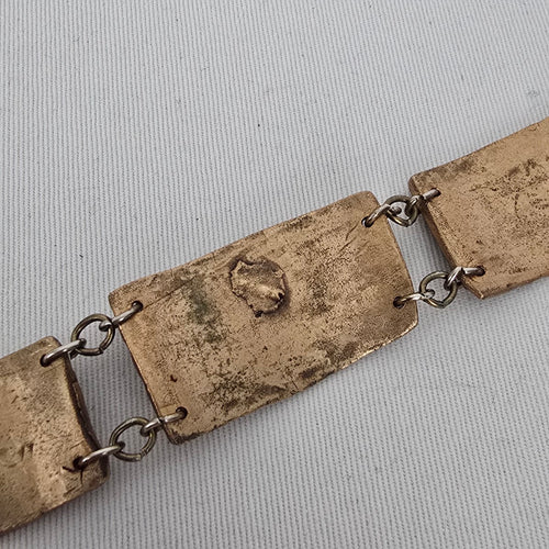 Handmade Artisan Bronze Link Bracelet Faux Opal Cabochon Toggle Clasp