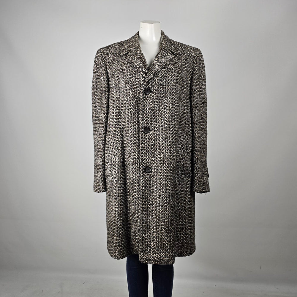 Vintage Barclay Coatings All Wool Tweed Overcoat Long Coat Brown Cream L-XL