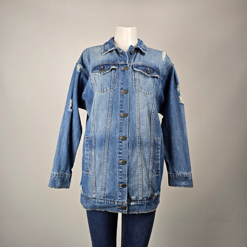 Noisy May NMANGIE Women's Distressed Long Denim Jacket Blue Size S
