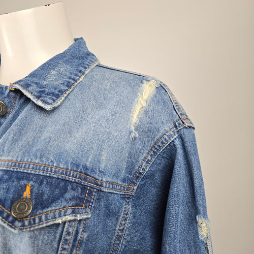 Noisy May NMANGIE Women's Distressed Long Denim Jacket Blue Size S